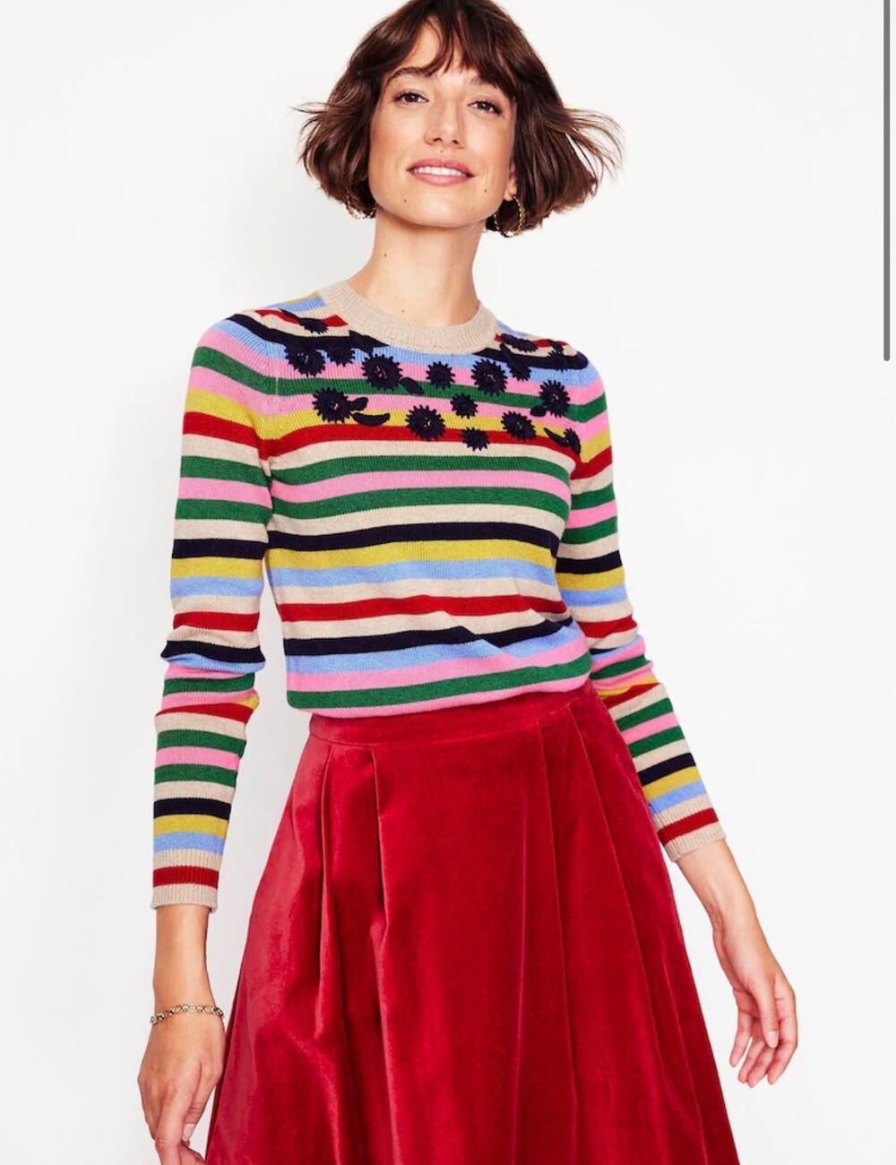 Boden Isa Embroidered Striped Sweater Medium Floral Crewneck Wool Blend